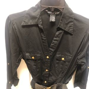 Black shirt with gold button and belt